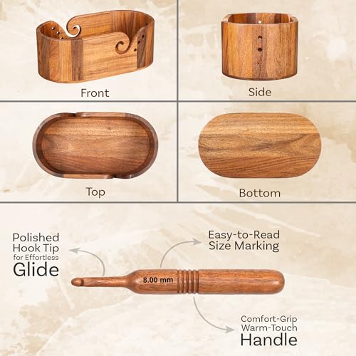 Image of Rosewood Yarn Bowl with 6 Crochet Hooks for Knitting Crochet