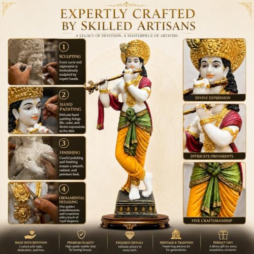 Image of ARMONIA Lord Krishna Idol Marble Dust Statue Murti | Krishana Sculpture for Home Decor, Pooja, Mandir & Gifting Item |Best Gift for Housewarming (25.1 Inches, Multicolor) (Including Microfiber Cloth)