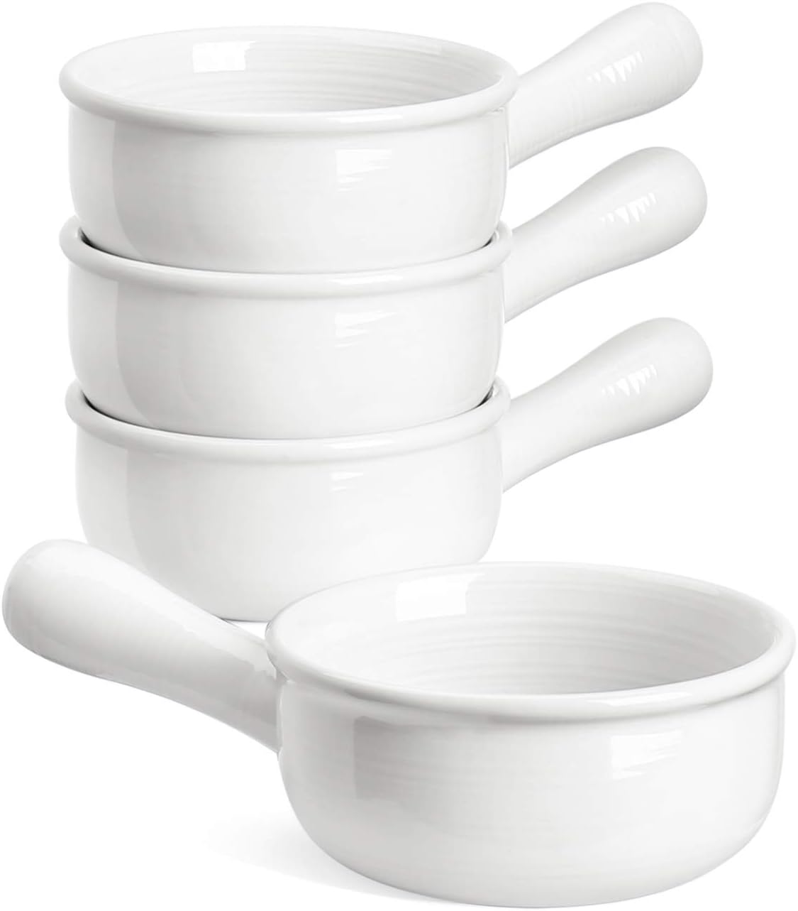 French Onion Soup Bowls, 15 Ounce Ceramic Soup Bowls with Handles, for Chili, Beef Stew, Oven Microwave Dishwasher Safe, Set of 4, White