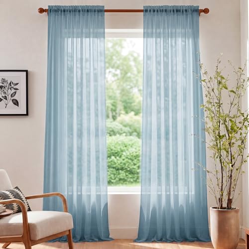 Image of NICETOWN Stone Blue Voile Sheer Curtains 96 inches Long, Rod Pocket Lightweight Drapes Voile Sheer Air & Breathable Vintage Window Treatments for Living Room, W42 x L96, 2 Panels