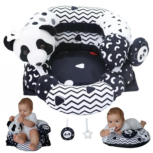 Image of Aila+Aiden 2-in-1 Tummy Time Mat and Seated Support with Two Toys - for Newborns and Babies - Includes Detachable Cushion for Supervised Play & Head /Neck Development (Black /White)