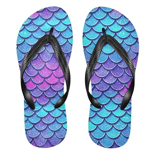 ALAZA Blue-purple Scales Mermaid Flip Flops for Women Fashion Beach Slippers Comfort Mens Flip Flops Non-Slip Rubber Shower Slippers Sandal for Hotel Travel Sport,XS