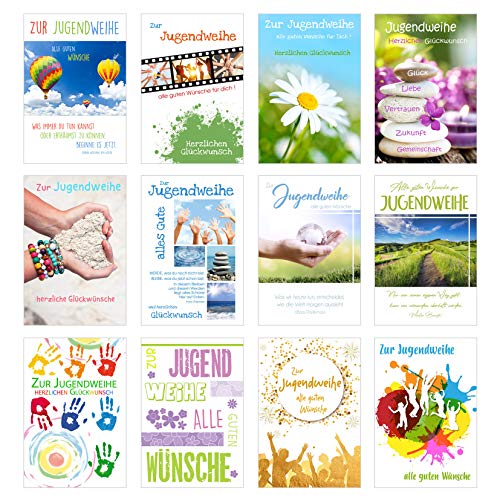 Edition Seidel Set 12 Premium Karten zur Jugendweihe mit Umschlag (Doppelkarten/Klappkarten mit Briefumschlag) Karte Postkarte Jugendweihekarten