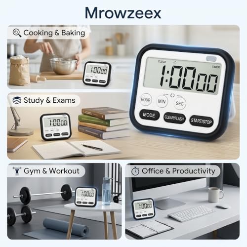Image of Digital Kitchen Timer & Stopwatch with Loud Alarm | Large Display Countdown Timer | Magnetic Stand | Mechanical Cooking Timer Clock for Kitchen, Study, Workout (Black)