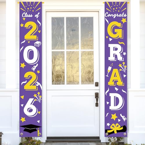 Image of Graduation Porch Banner Class Sign Congrats Grad Hanging Flags High School College University Party Decoration For Front Door Outdoor Purple Gold
