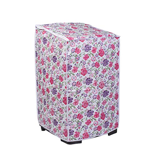 Image of Classic Top Load Washing Machine Cover Suitable for Bosch Back Panel 6.5 Kg, 7 Kg, 7.5 Kg, 8 Kg, 8.5 Kg (57cmsX56cmsX95cms, White & Pink Flower, Medium)