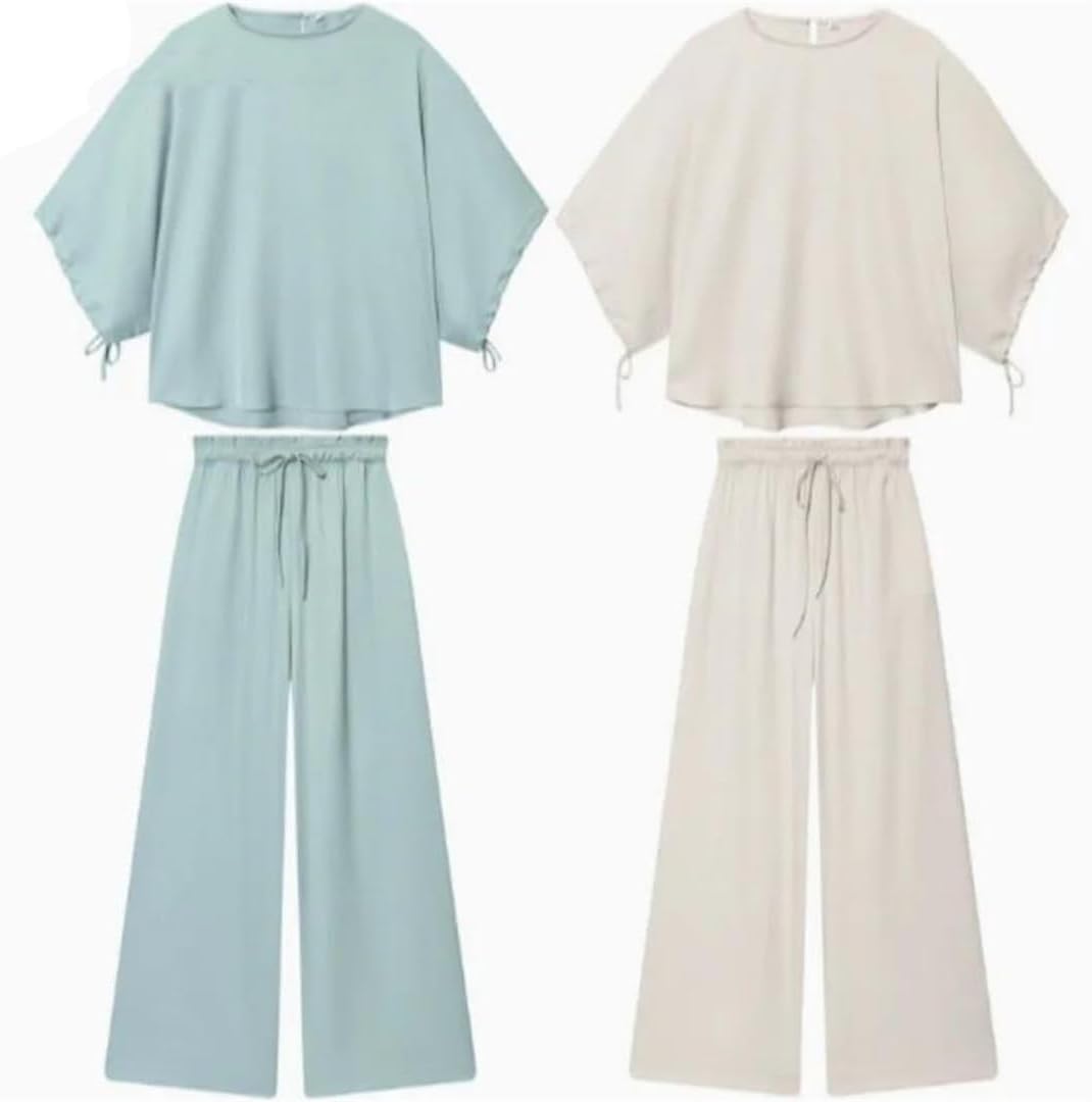 Women's Spring Set Pullover Puff Sleeve Shirt Elastic Waist Pockets Long Pants Set