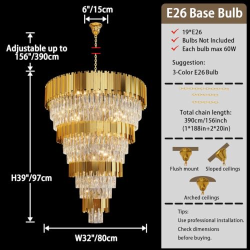 Image of 11-Tier K9 Crystal Chandelier, 32 inch Modern Gold Adjustable Height Pendant Light, Luxury Round Chandeliers for High Ceiling, Foyer, Staircase, Entryway, Two-Story Living Room