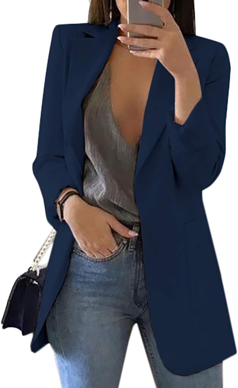 MAYFASEY Women Summer Notched Lapel Open Front Blazer Jacket US 10 Navy