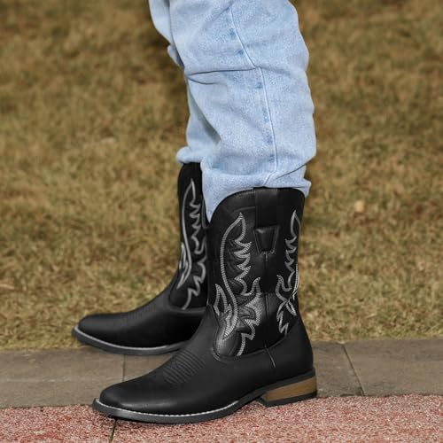 Cowboy Boots For Men Western Fashionable Retro Stylish Embroidered Square Toe Boots Chunky Heel4