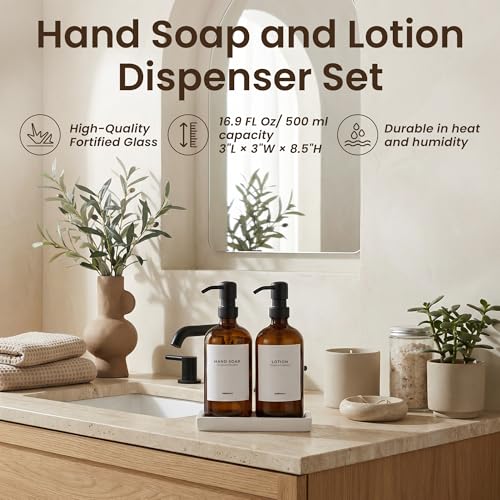 MaisoNovo Spülmittelspender Glas 2er-Set - 500 ml Bernstein Spüli Und Seifenspender Küche mit Schwarz Pumpen, mit Weiß Keramik Tablett, Wasserfeste Etiketten 3