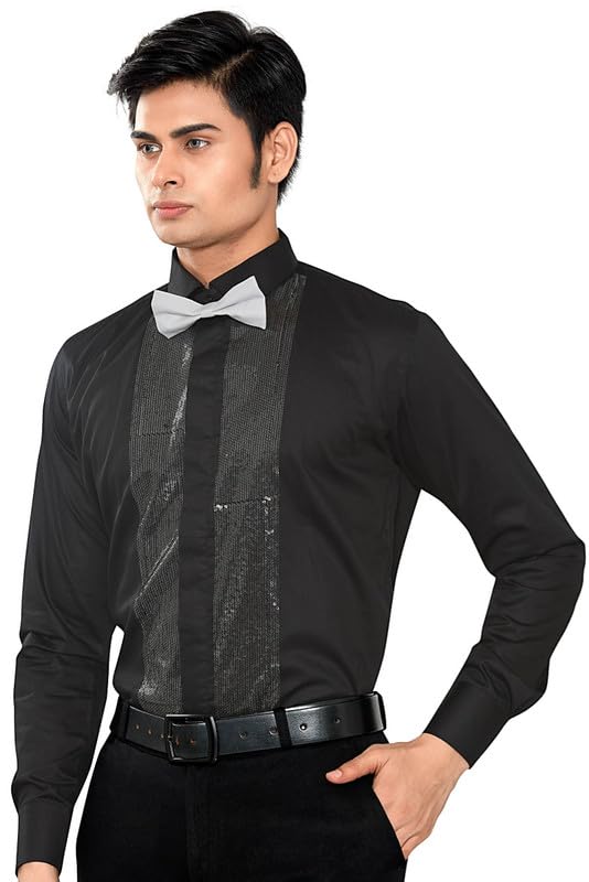 Image of GLOBALRANG Men's Sequin Tuxedo Shirt | Satin Cotton | Cut Away Collar with Bow Tie