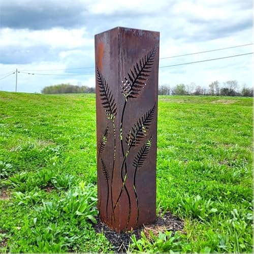 Fern with Stem Garden Columns - Decor - Metal Garden Sculpture - Well Cover - Furniture and Decor - Utility Box Cover (24 x 5.75 x 5.75 inches with LID)