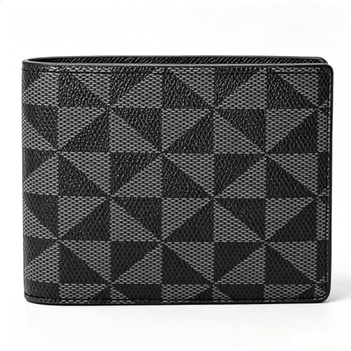 VM FASHION KISS Men's Bifold Wallet, Classic Geometric Checkered Pattern PU Leather Short Wallet, Large Capacity Card Holder with Cash Slot, Minimalist Thin Purse for Daily Business Travel (black)