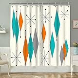 JAWO Mid Century Kitchen Curtains, Mid Century Modern Mid Rsetro Grid Orange Kitchen Curtain Valance