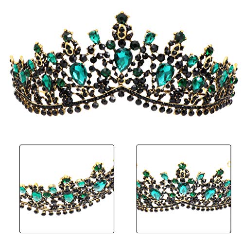 Fineder Bride Baroque Vintage Queen Green Crystal Big Crown Headwear, Bridal Wedding Hair Accessories Jewelry Bride Tiaras Princess Crown for women,black crown for women