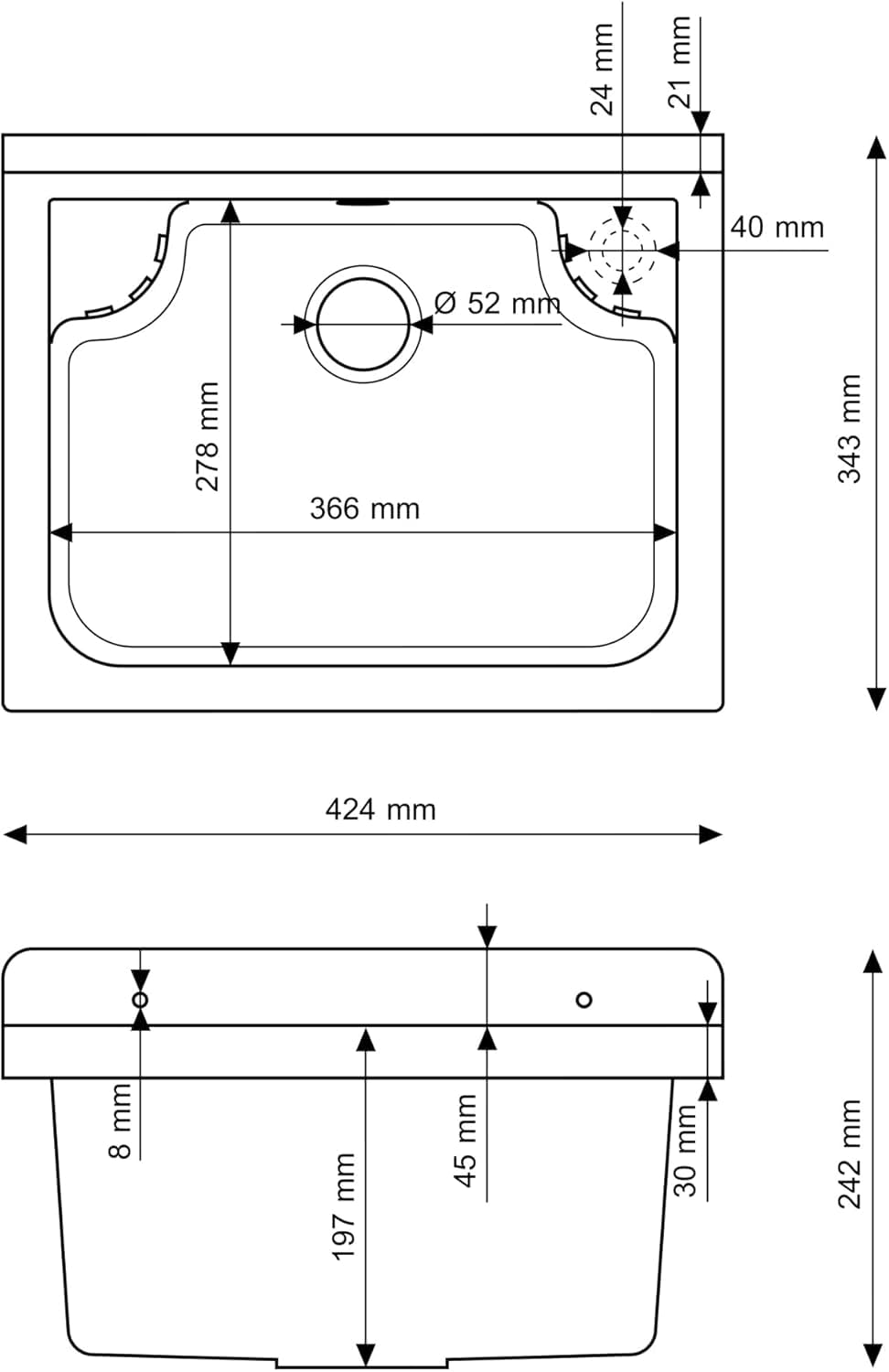 Ausgussbecken mit Mischbatterie undPlatz für Seifenspender Garage Keller Werkstatt und Waschküche - Universal Waschtrog mit Siphon - Waschbecken Wandmontage - 42x34x24 cm - Weiß - Granitan