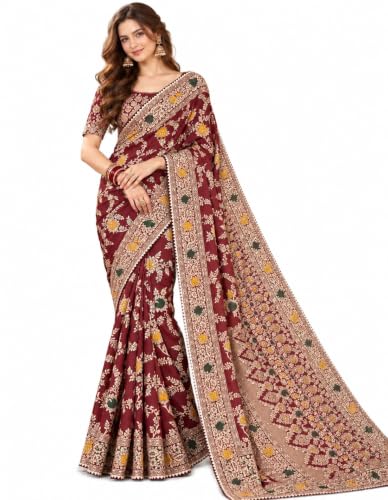 Image of Womens Banarasi Kanjivaram Art Silk Saree | Meenakari Floral Jaal Weave & Scalloped Border | Includes Unstitched Blouse Piece