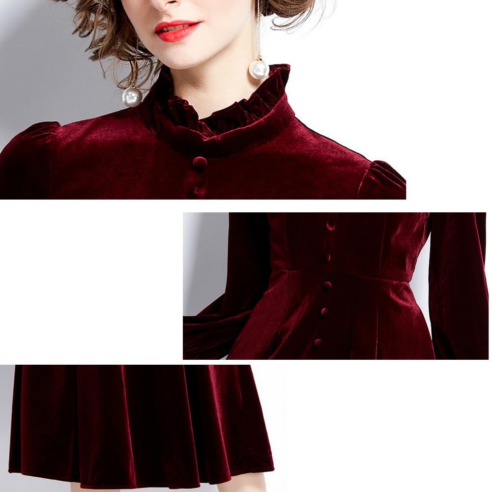 Abito Elasticizzato in Velluto a Maniche Lunghe Donna, Elegante Monopetto con Collo alla Coreana, Longuette a Trapezio per Feste di Natale alla Moda, Wine Red, XXL
