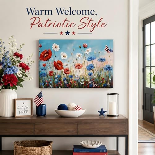 Image of Patriotic Red White Blue Wildflower Wall Art, 4th of July Floral Canvas Prints, Framed Independence Day Wall Decor, American Flag Butterfly Artwork for Bedroom Office, Made in USA
