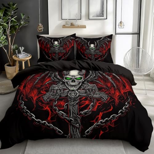 Duvet Cover Twin Size Black Skull Dragon Wings Iron Chain Bedding Duvet Cover Set Room Decor Bedspread Cover Comforter Cover for Kids Teens, Quilt Cover 3D Bedding Set
