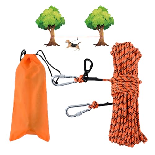 LZ.MZXU Dog Tie Out Cable for Camping, 50ft Portable Overhead Trolley System for Dogs up to 300lbs, Camping Leash for Yard, Reflective Dog Tie Out Cable for Parks and Outdoor Events (Orange)