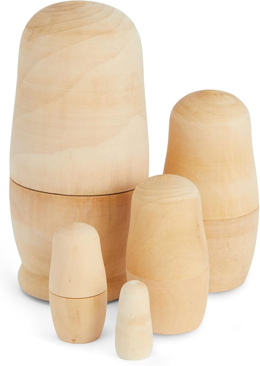 Juvale Juego de 5 muñecas rusas sin terminar, muñecas nido que se pueden pintar con superficie de madera lisa, diseño compacto que ahorra espacio para manualidades, color marrón, paquete de 5, 5.5"-1.38"
