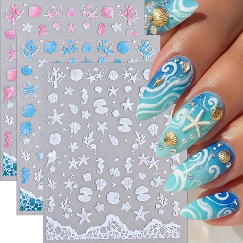 3Sheets Summer Beach Nail Stickers 5D Embossed Pink Blue White Shell Starfish Nail Decals Glitter Self-Adhesive Conch Seashells Pearl Flower Cute Nail Art Stickers Ocean Life Nail Supplies for Women