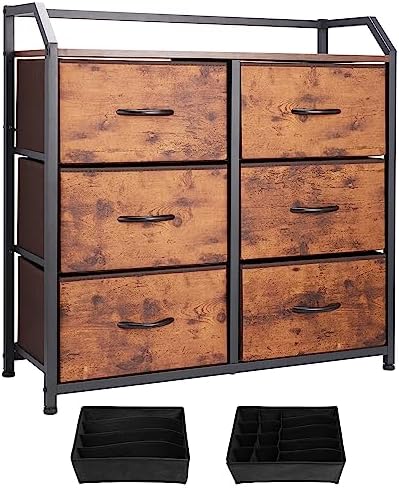 KATHY&BOB 6 Drawer Dresser Dresser for Bedroom with Fabric Dresser, Chest of Drawers, Living Room TV Stand with Sturdy Steel Frame Wooden Top and Two Additional Drawers (Rustic Brown)