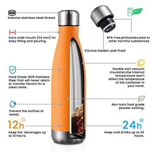 Meway 17Oz Sport Water Bottle 12 Pack Vacuum Insulated Stainless Steel Sport Water Bottle Leak-Proof Double Wall Cola Shape Water Bottle,Keep Drinks Hot & Cold (Orange,12 Pack) #TOP1