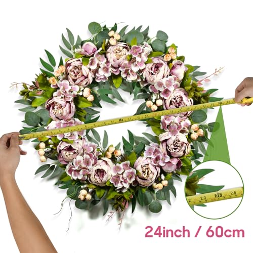24inches Peony Wreath with Hydrangea, Spring Wreath Summer Wreath for Front Door, Window, Kitchen Wall Wreath