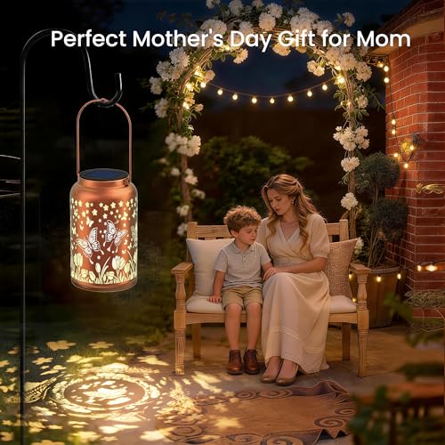 Image of JEJOT Butterfly Solar Lanterns Outdoor Waterproof, Mothers Day Gifts, Birthday Gifts for Women Mom Grandma,Metal Hanging Solar Lantern for Yard,Garden,Porch Landscape Deconrations-2 Pack
