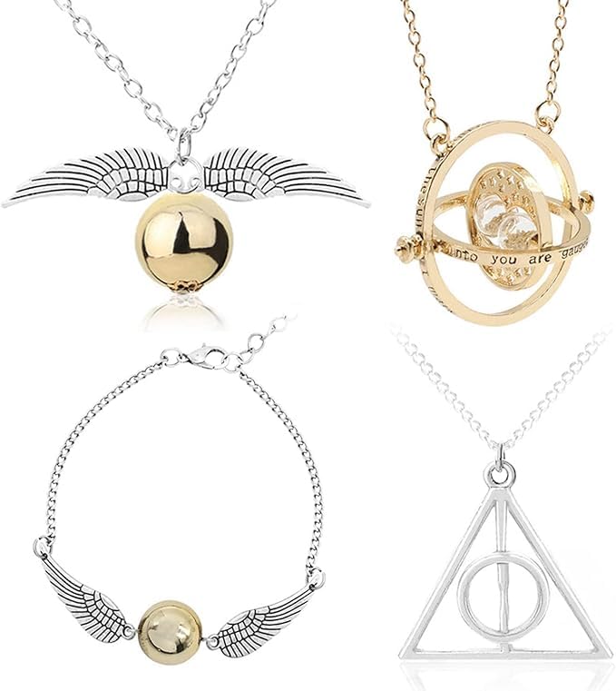 Unisex-Adult 4PCs Jewelry Set- Spinning Hourglass Necklace, Golden Ball Wings Pendant Necklace & Bracelet & Always Triangle