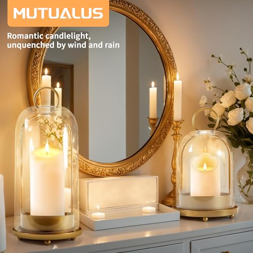 MUTUALUS Hurricane Glass Candle Holders, Large & Medium Brass Lanterns Hurricane Candlestick Holder for Pillar Candles Vintage, Gold Metal Rustic Farmhouse Decor with Hook Chains by MUTUALUS - Image 5