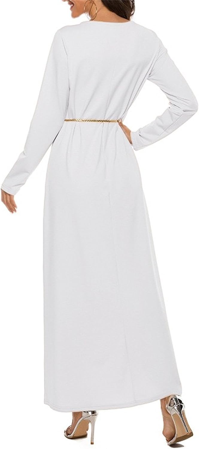 Women Round Neck Long Sleeve Dress Loose Plain Long Cotton Maxi Beach Dress Casual Solid A-Line Dress with Belt