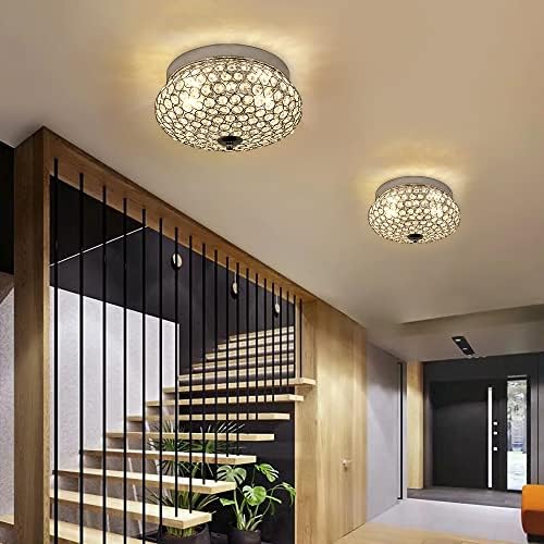Depuley Modern Crystal Chandelier Ceiling Light, 2-Light Flush Mount LED Ceiling Light with Crown Shape for Bedroom Kitchen Living Room Foyer Hallway,Chrome Finish,E27 Base
