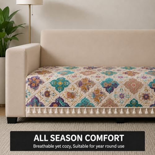 Image of STITCHNEST 'Frostvine Collection' 2 Seater Sofa Cover| Cotton Quilted Fabric, Decorative Tassels, Washable & Durable for Modern Living
