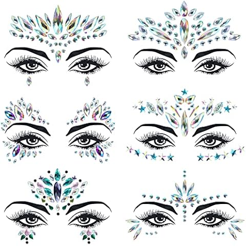 6 Sets Mermaid Face Jewels Rhinestone Face Gems Stick on Halloween Cosplay Party Carnival Festival Crystals Temporary Tattoos Cover
