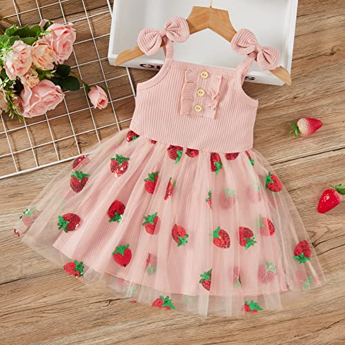 Toddler Baby Girl Dress Sleeveless Strap Knit Dress Daisy Tutu Dresses Princess Sundress (Pink Strawberry, 18M) #TOP1
