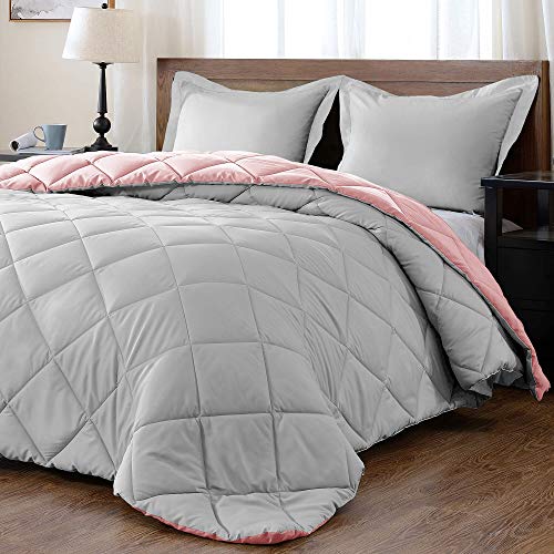 Downluxe Queen Comforter Set - Pink And Grey Queen Comforter, Soft Bedding Comforter Sets For All Seasons, Queen Bed Comforter Set - 3 Pieces - 1 Comforter (88"X92") And 2 Pillow Shams(20"X26") #TOP3