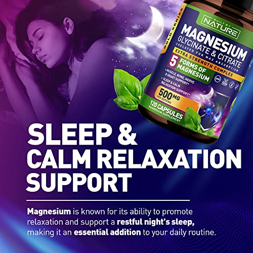 Magnesium Glycinate & Citrate 500Mg Supplement Complex, 5 Forms Of Chelated Magnesium With Trace Marine Minerals For Absorption - Aquamin Hydroxide, Glycinate, Citrate, Malate, Oxide – 120 Capsules #TOP6