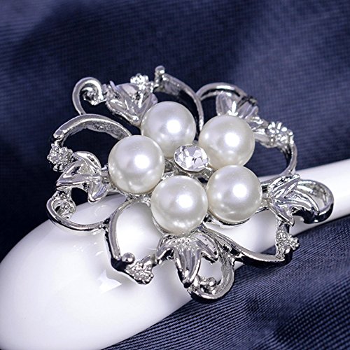 Ezing 5Pcs White Faux Pearl Flower Brooch Round Shape (B) #TOP3