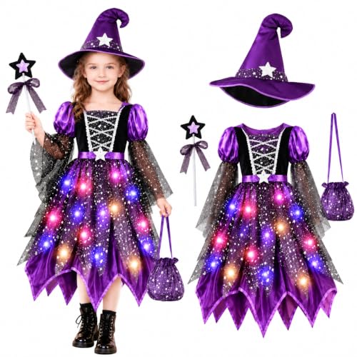 Vestito Halloween Bambina Strega, Vestito Strega Bambina Costume Halloween Accessori Set 4 Pezzi con Vestito, Cappello, Bacchetta e Borsetta, per Halloween Carnevale Spettacolo, Festa 4-15 anni