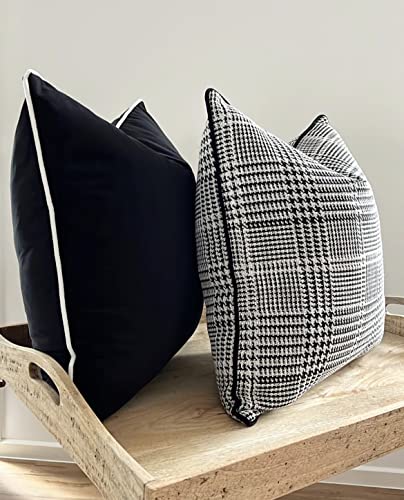 The-Tinoart Solid Black White Velvet Throw Pillow Cover Luxury Euro Cushion Sham Super Soft Velvet Pillow Cases For Bed Sofa Couch Black With White Piping 1Piece #TOP6