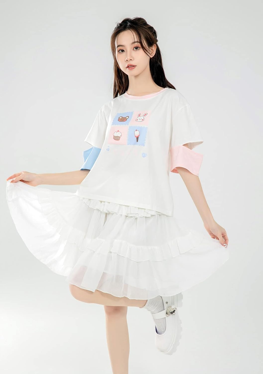 Pleated Ruffle Layered Skirt Teen Girls Chiffon Tulle Skater High Waist Lolita Cute Casual Basic Elastic Flare Short Skirts