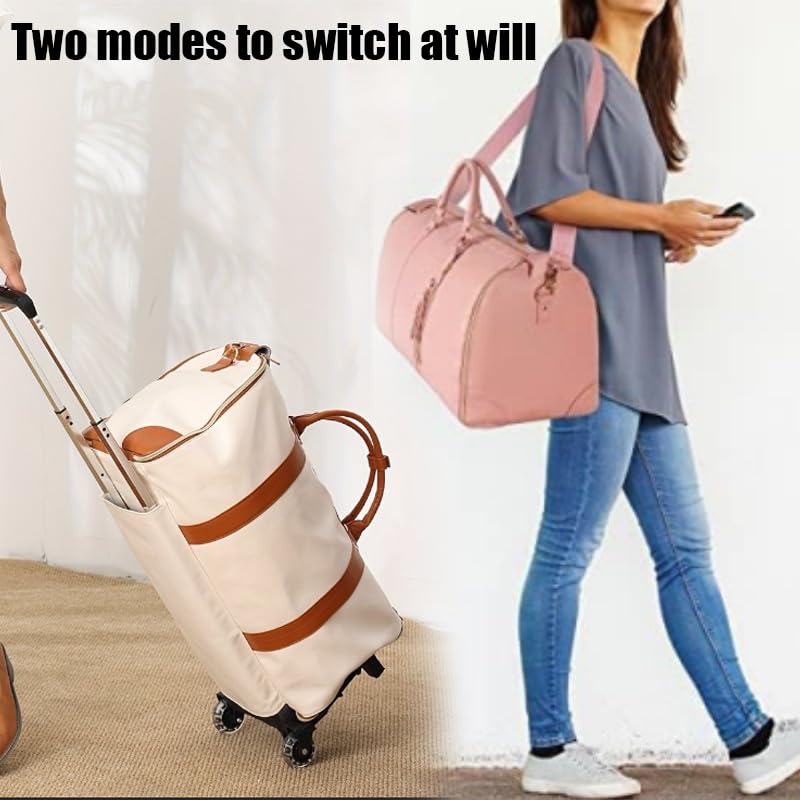 Trendfetchus Foldable Travel Bag 2.0 with Wheels, Large Capacity Foldable Garment with Toiletry Pocket and Shoes Compartment & Detachable Shoulder Strap (Pink, With Wheels)2