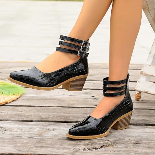 Escarpins noirs en cuir verni crocodile avec sangles et talon bloc chic - 5