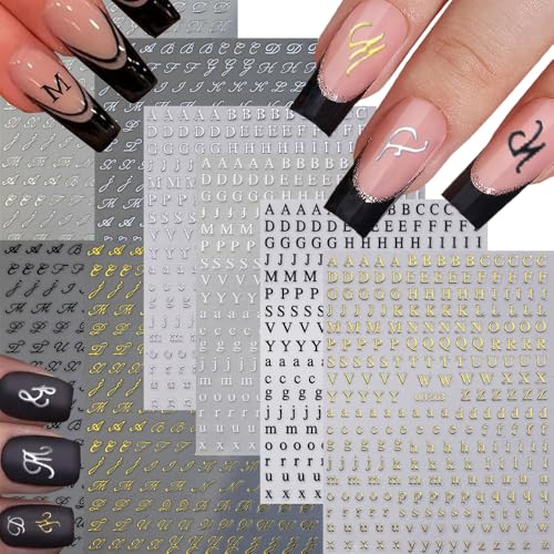 8 Sheets Letter Nail Stickers for Nail Art Alphabet 3D Self-Adhesive Old English Nail Decals Nail Supplies Nail Art Design Accessories for Women and Girls Manicure DIY Decoration