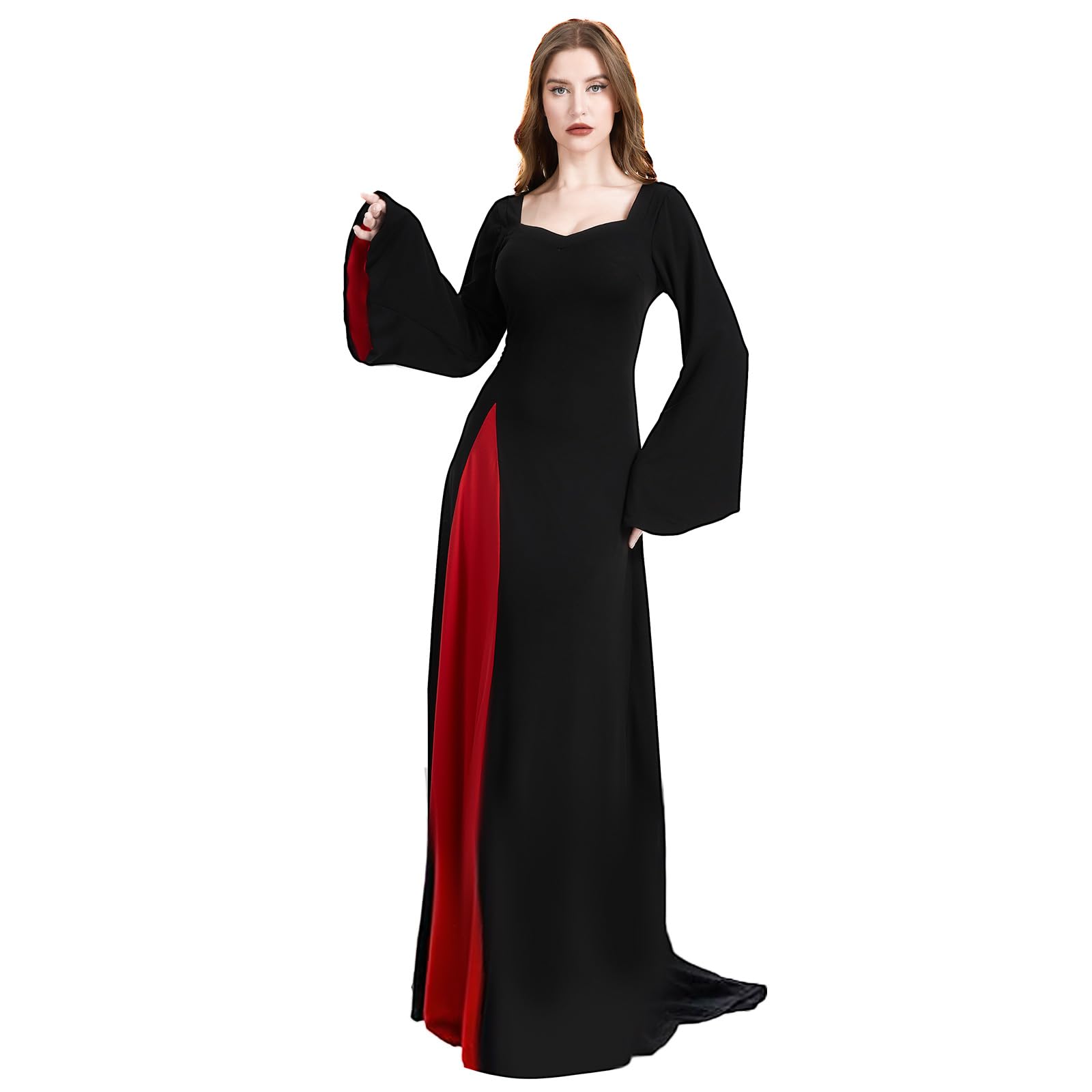 JDFAIJEAL Women's Gothic Vampire Dress, Black Long Sleeve Maxi Dress with Red Lining