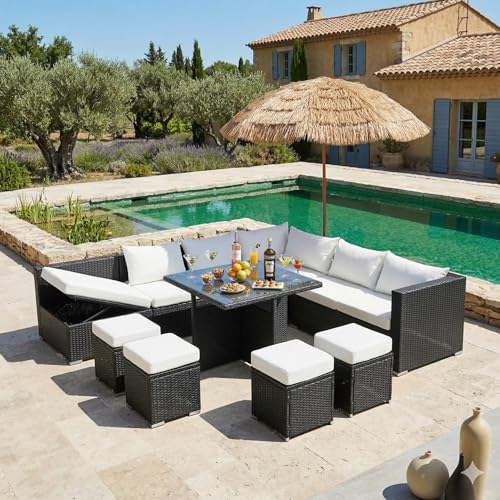 CONCEPT USINE | Salon de Jardin Samoa Encastrable 10 Places | Résine Tressée 4 Fils Noir | Table Haute en Verre Trempé | Canapé d'angle Inclinable avec...